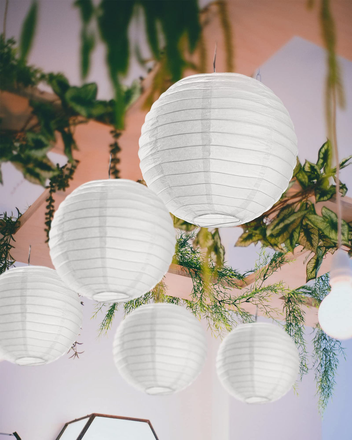 Treela white 6inch lantern hanging decor for ceilings or venues.