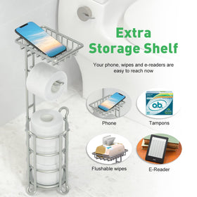 TreeLen bathroom stand shows extra storage beside the toilet for essentials.