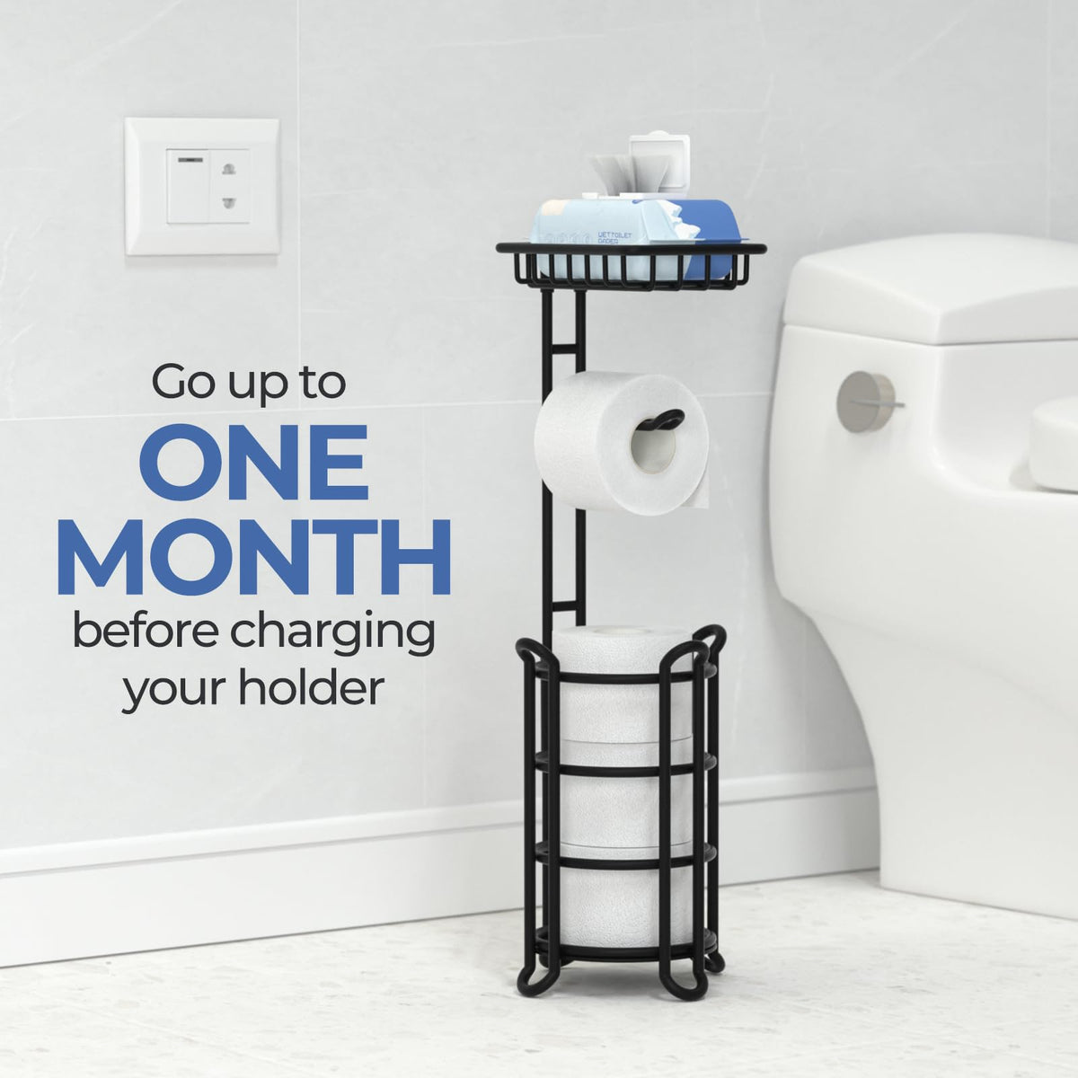 Top shelf of TreeLen bathroom stand for phone or wipes storage.