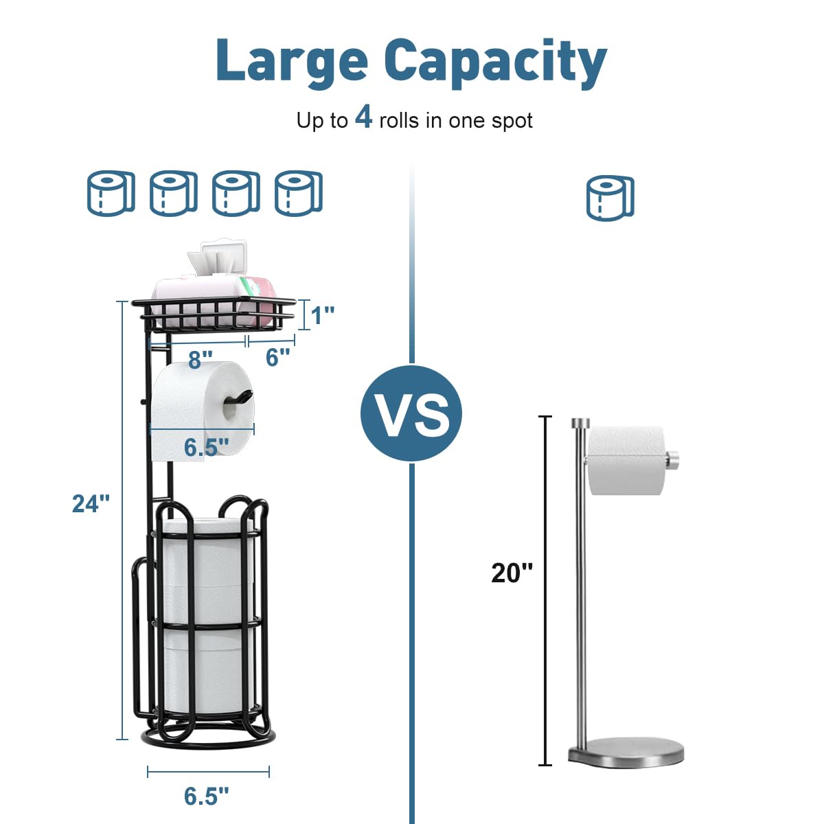 TreeLen black finish toilet paper holder stands beside you in any bathroom