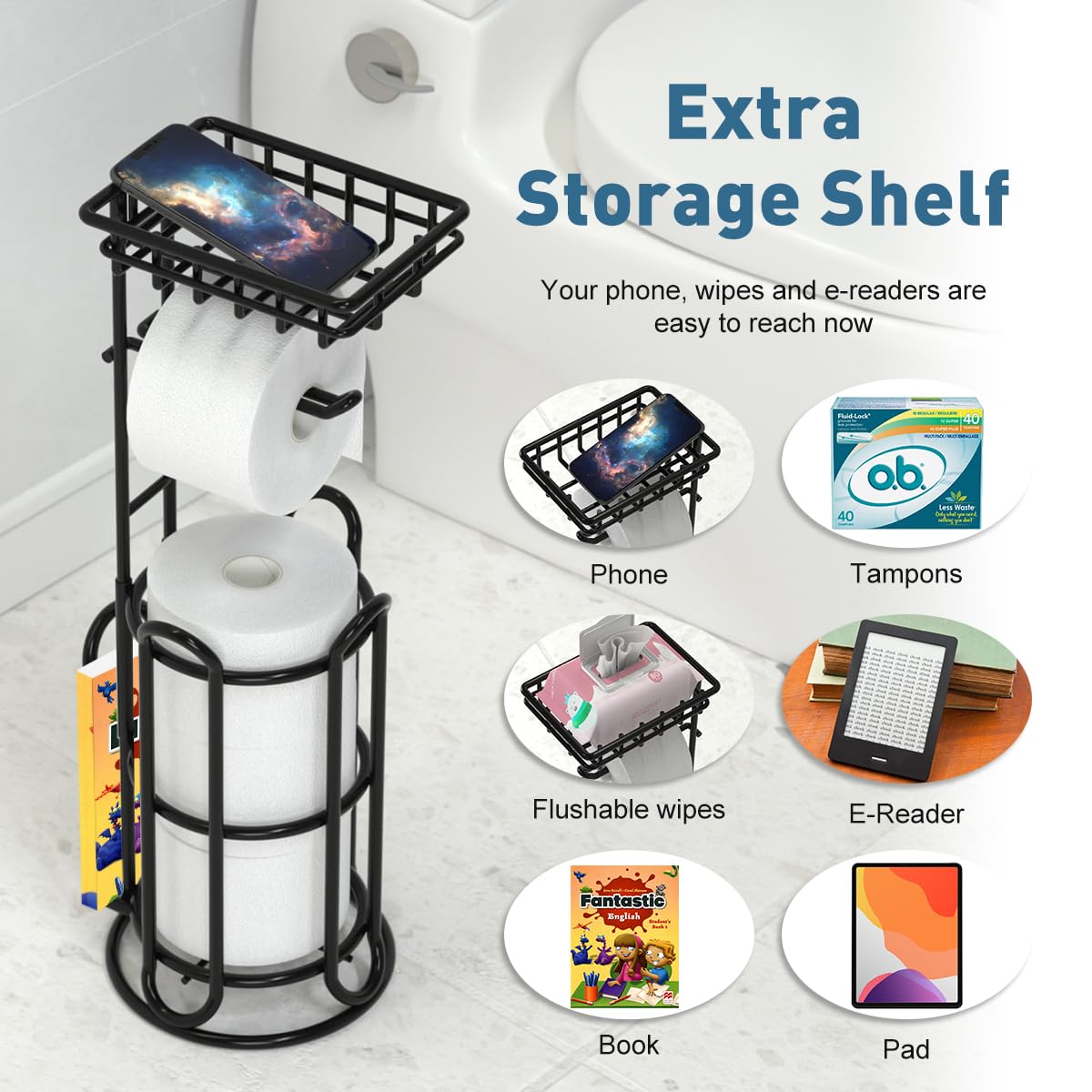 TreeLen free-standing bathroom holder balances securely for stable use