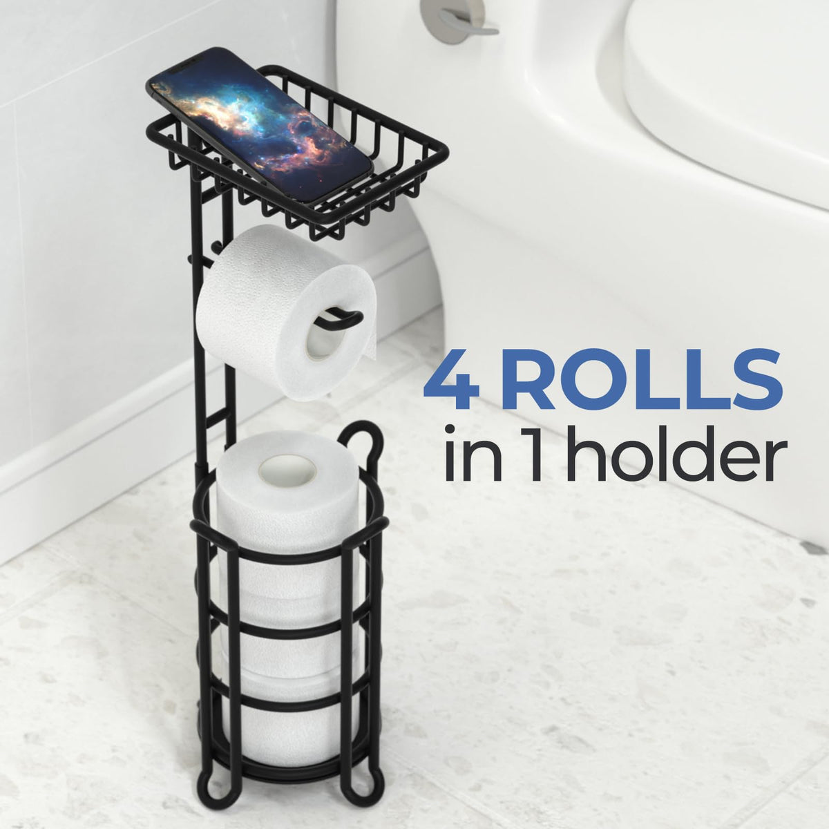 TreeLen free-standing toilet paper dispenser offers flexible placement.