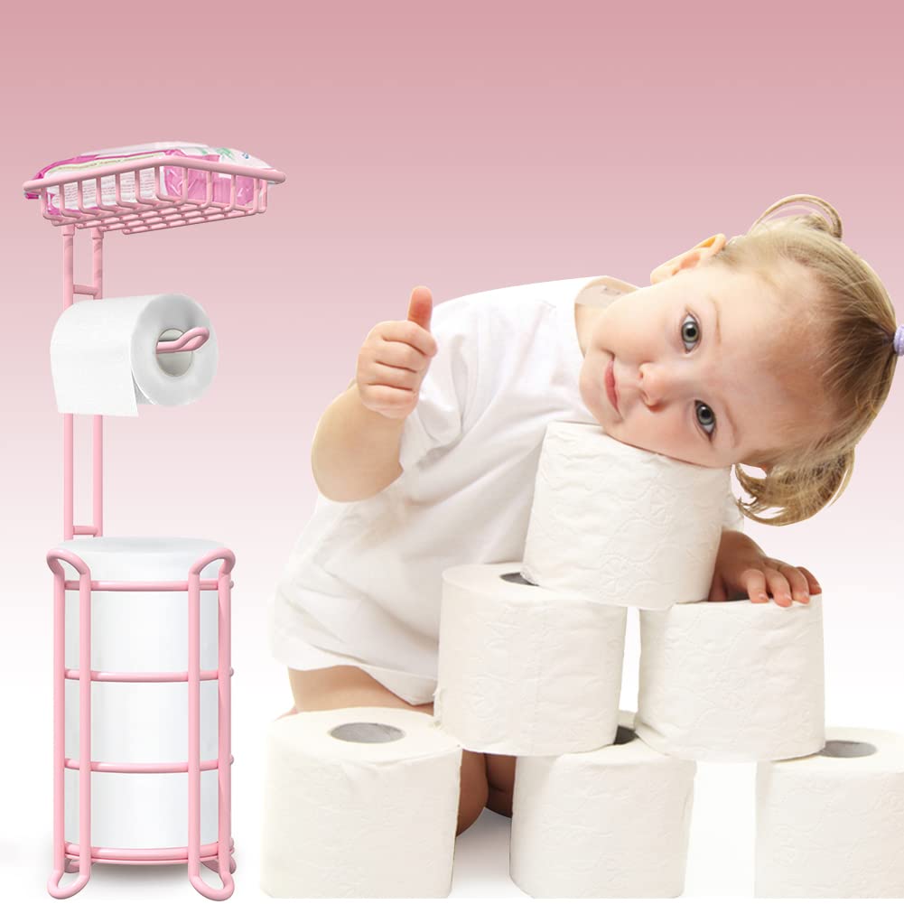 TreeLen pink freestanding toilet paper dispenser beside the toilet.