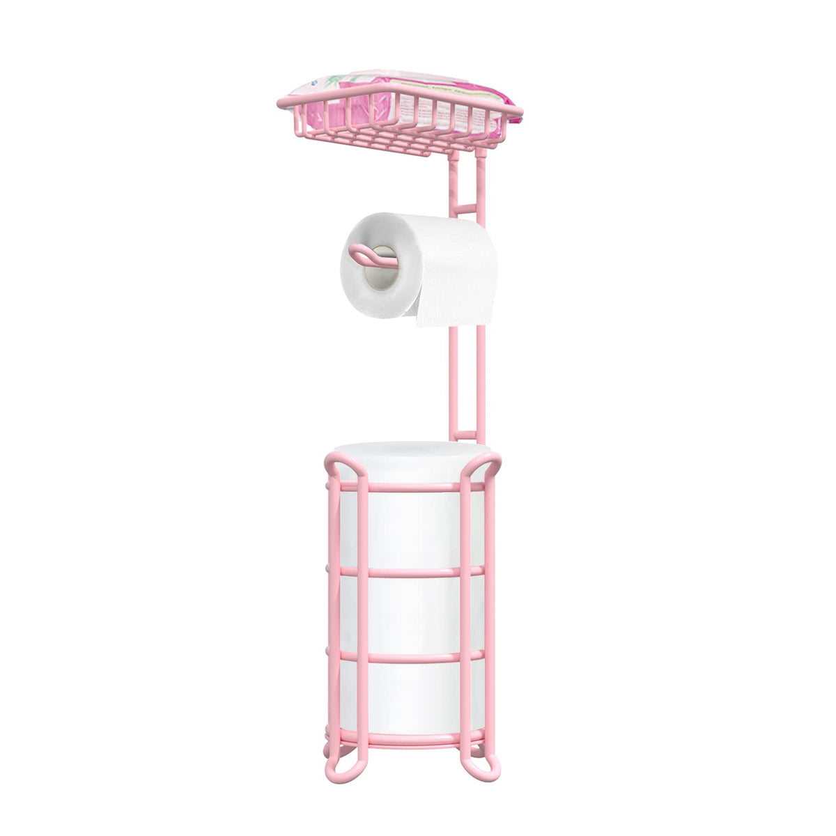 TreeLen pink freestanding toilet paper holder with four mega-roll capacity and easy reach.
