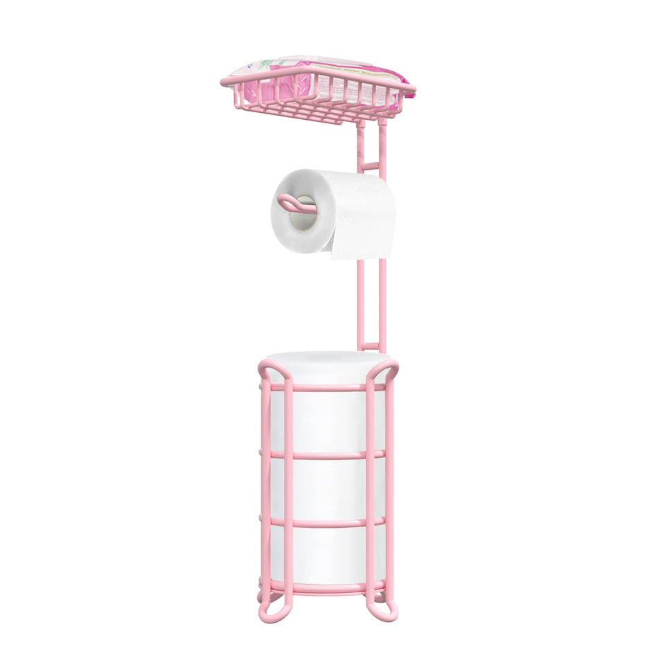 TreeLen pink freestanding toilet paper holder with four mega-roll capacity and easy reach.