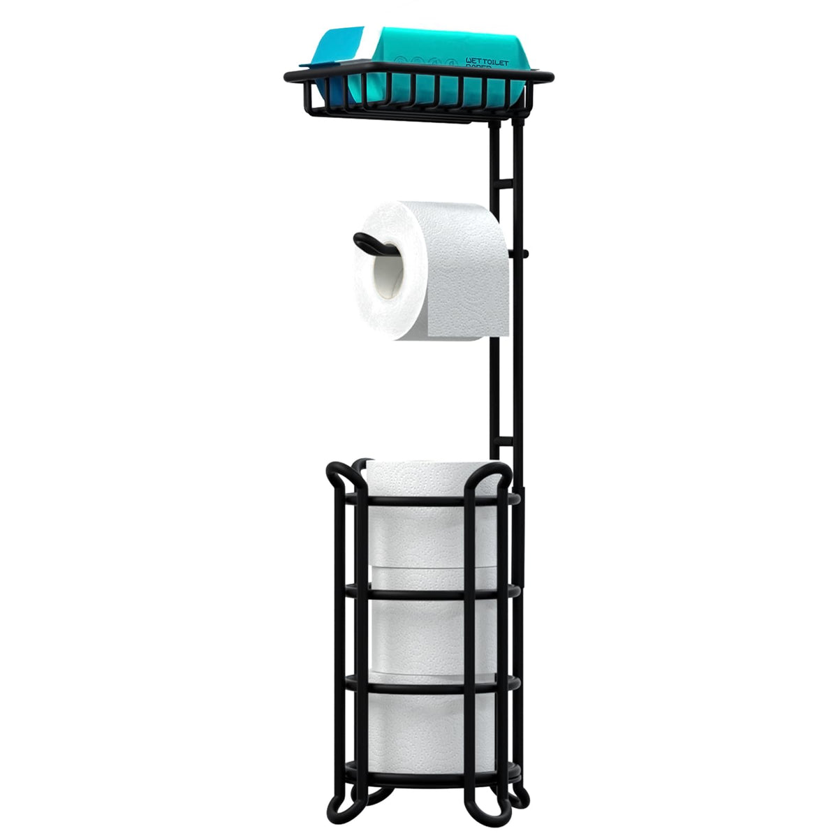 TreeLen toilet paper holder stand in matte black with extra shelf.