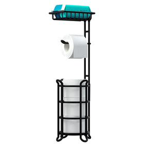 TreeLen toilet paper holder stand in matte black with extra shelf.