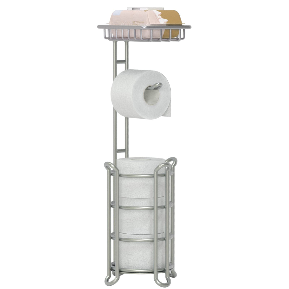 TreeLen toilet paper holder stand in silver base keeps rolls within reach for convenient use.