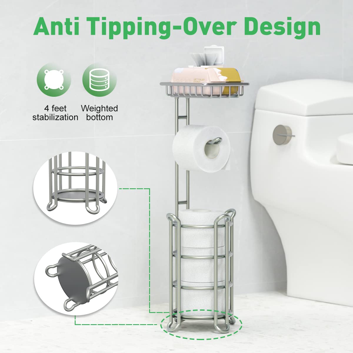 TreeLen dispenser features a top shelf for phone or wipes for quick access.
