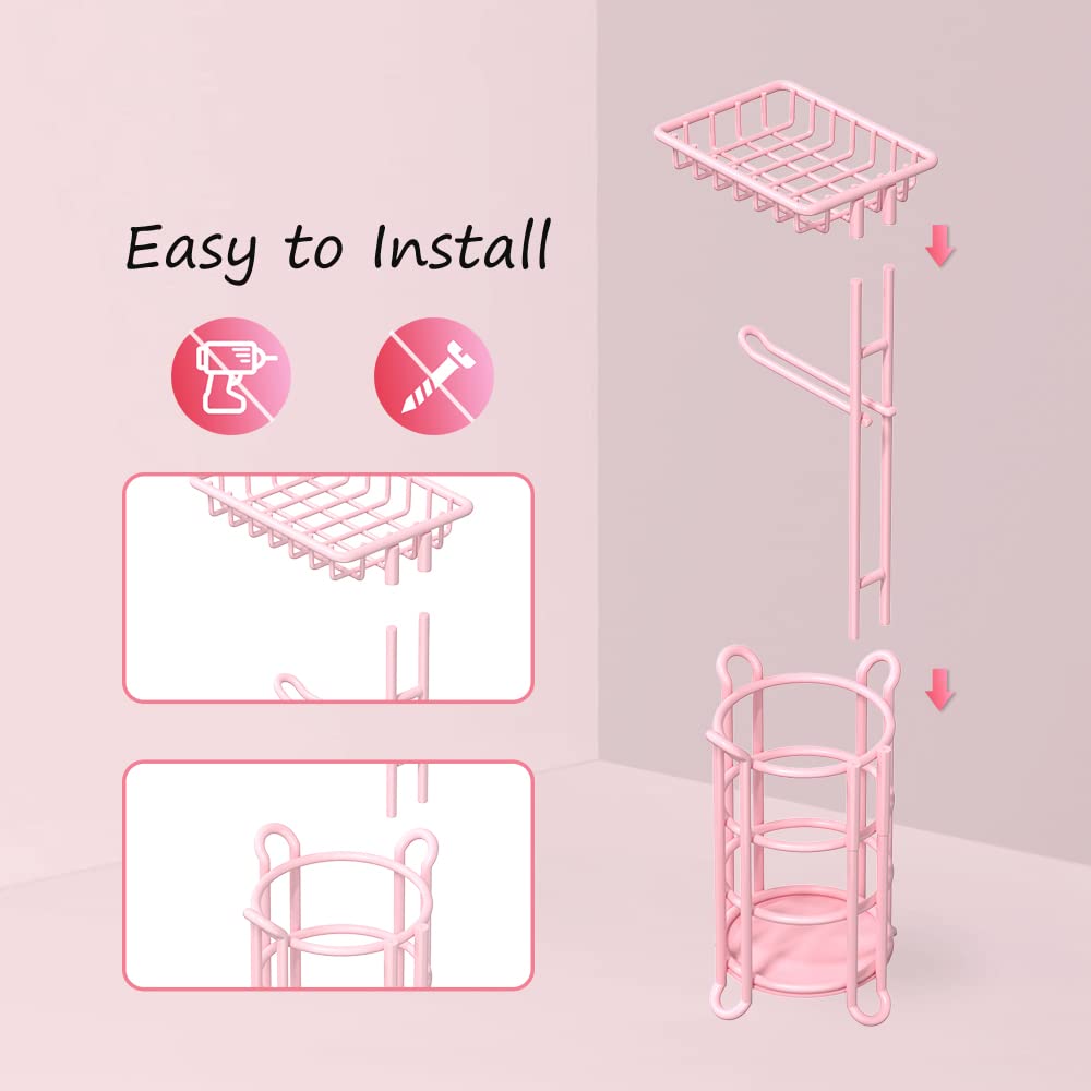 TreeLen pink stand top shelf for phone or wipes in a bathroom.