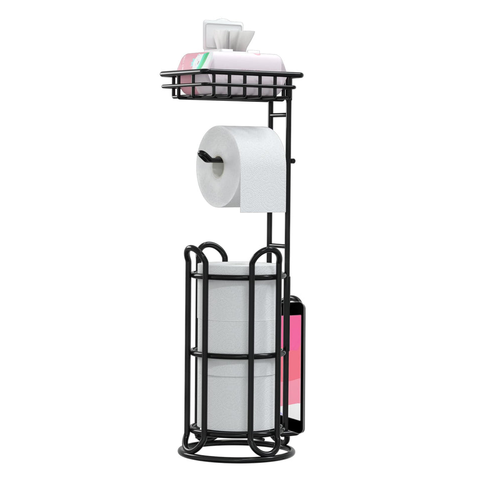 TreeLen upgrade toilet paper holder stand with shelf keeps essentials within reach and organized