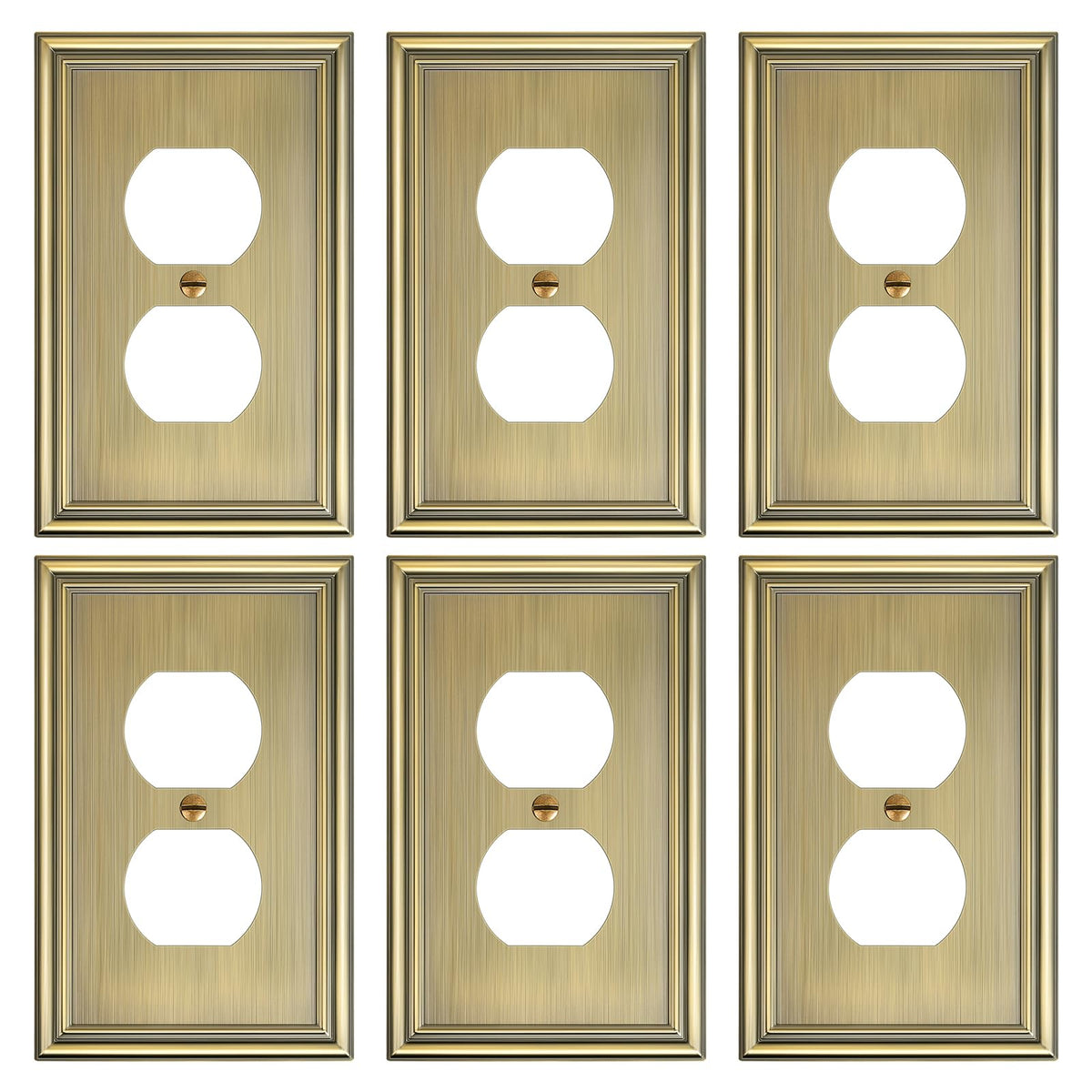 treewell six-pack duplex outlet cover plate in antique brass finish with durable metal look