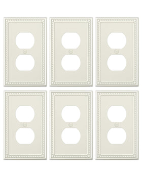 Treewell duplex outlet cover in light almond front view enhances room aesthetics.