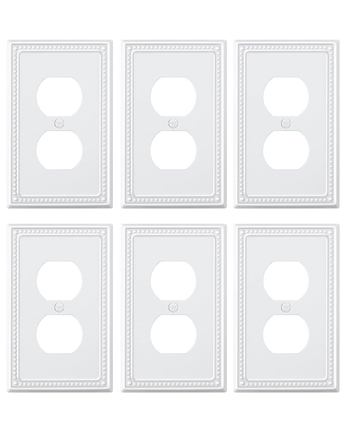 Treewell duplex wall plate white with beaded border enhances decor.