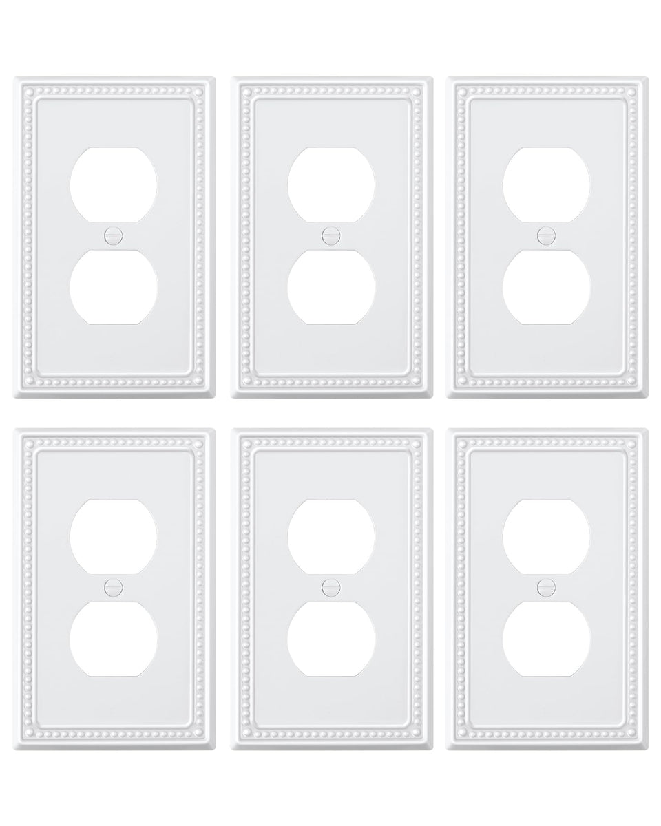 Treewell duplex wall plate white with beaded border enhances decor.
