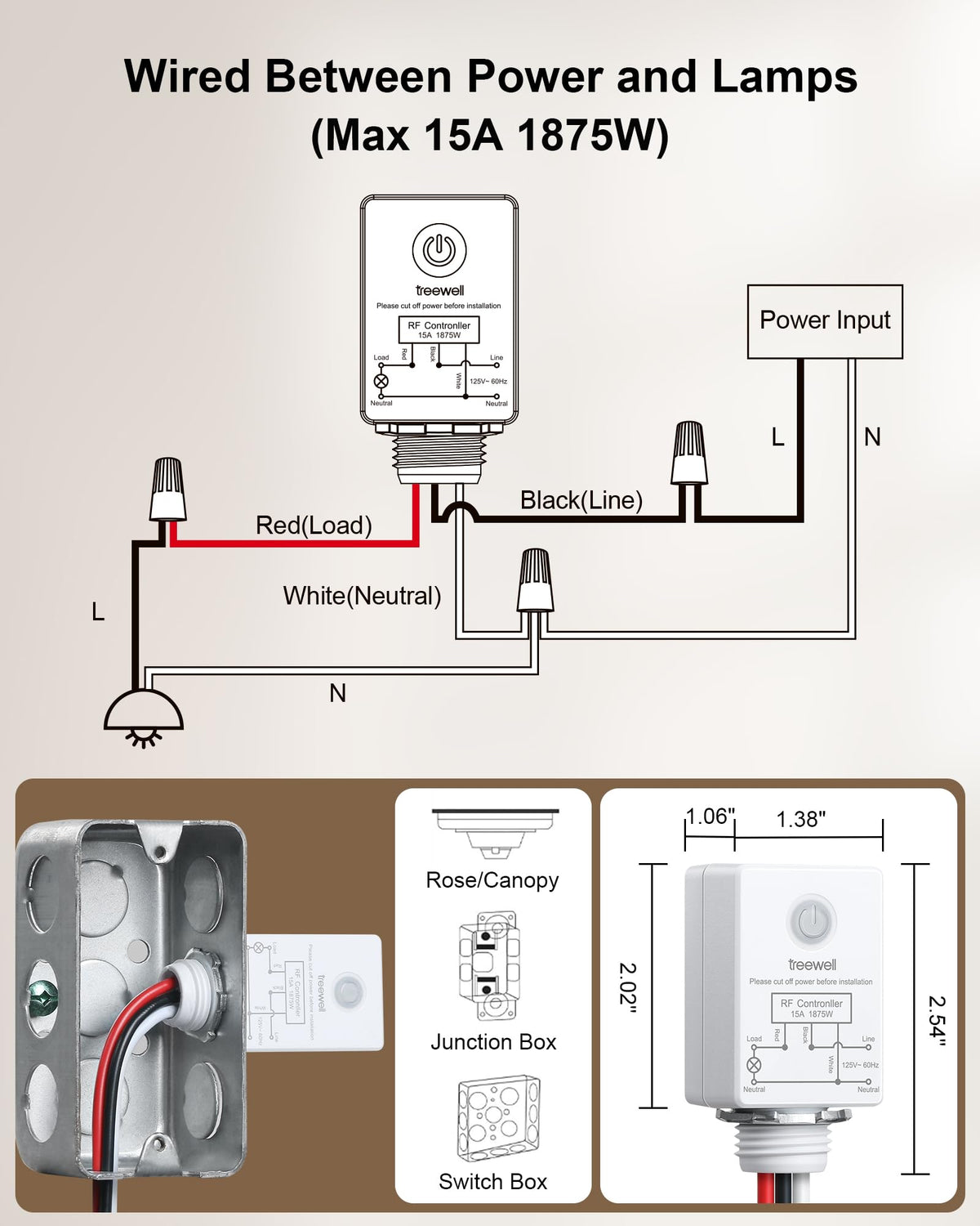 Treewell 15A rating supports lamps, fans, and small appliances.