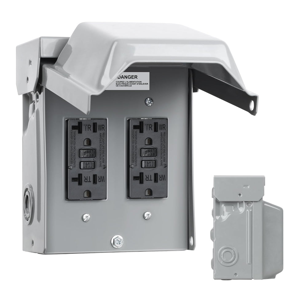 Treewell outdoor outlet box front view showing dual 20A GFCI outlets for safe outdoor power.
