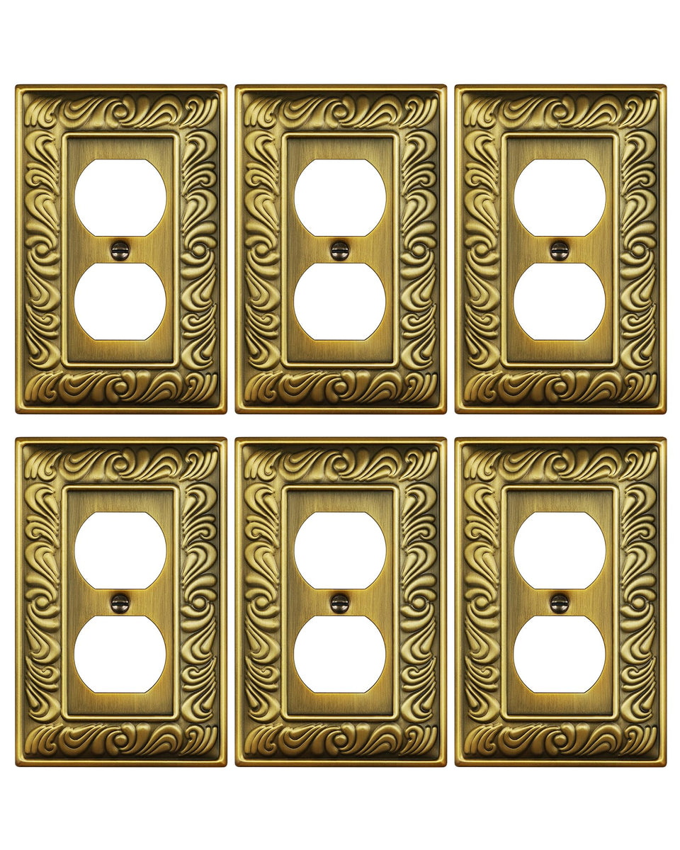 TREEWELL paisley pattern duplex outlet cover in antique brass finish enhances room style.