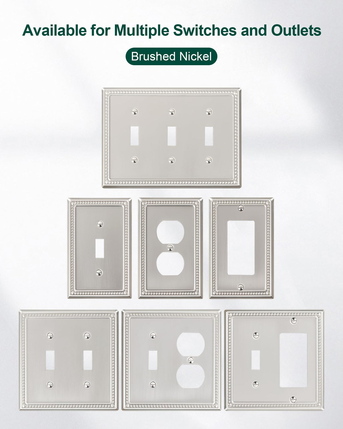 TREEWELL six-pack of brushed nickel wall plates for multiple rooms.
