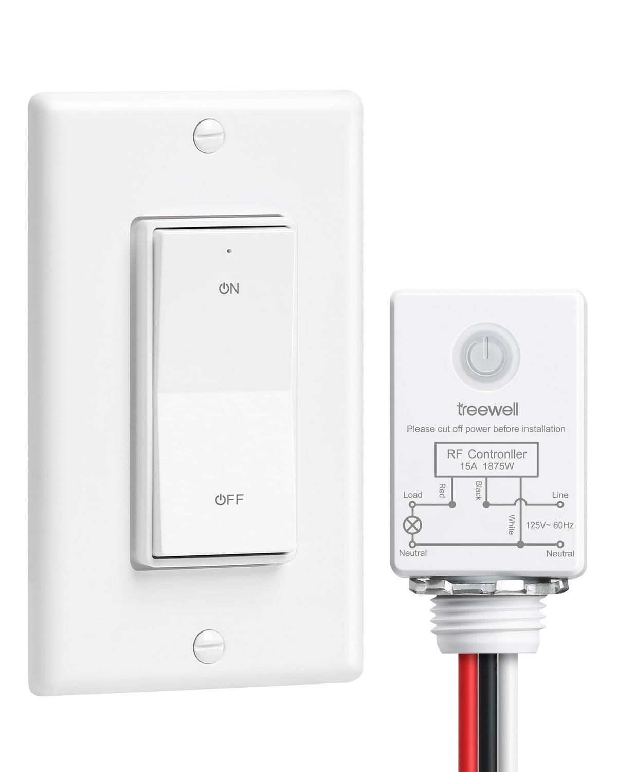 Treewell wireless switch with decorator rocker for easy relocation without rewiring.