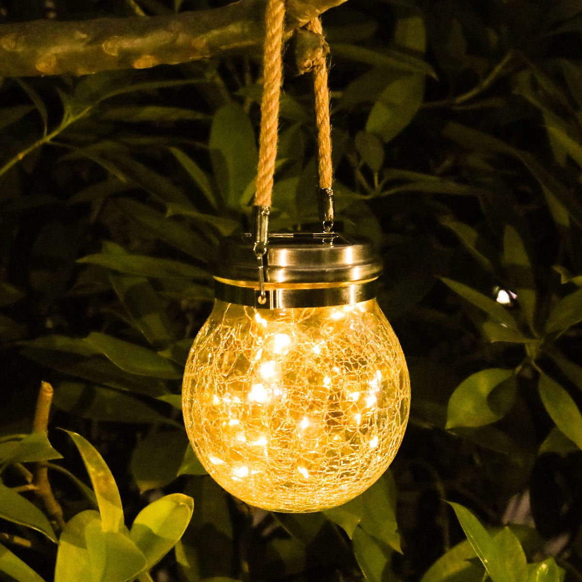 Tremdwoto crackle glass ball lantern hanging for outdoor ambiance and lawn decor.