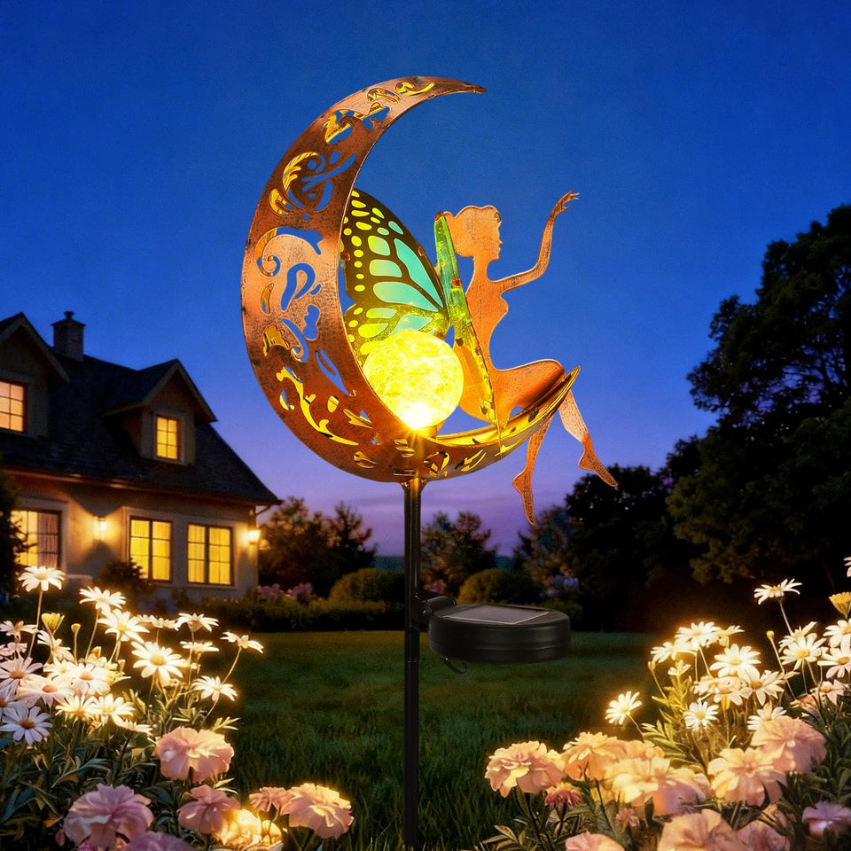 Tremdwoto solar garden statue with butterfly fairy and moon for magical ambiance
