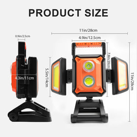Tresda work light includes hanging hook and tripod mount for versatility.