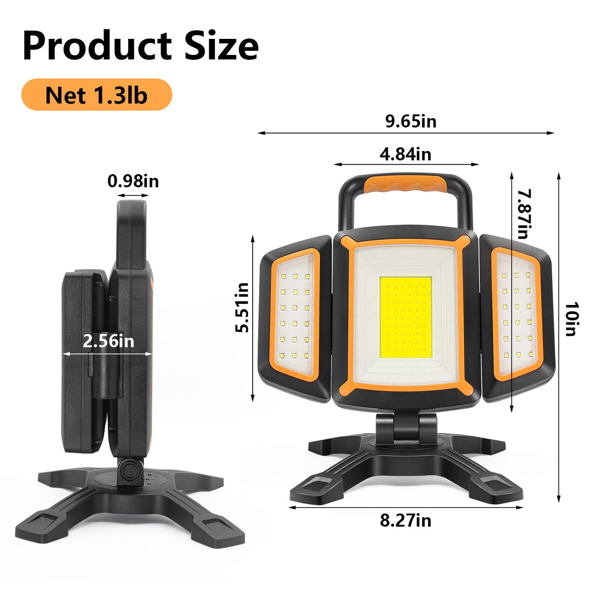 Tresda portable, cordless work site light suitable for camping and garages.