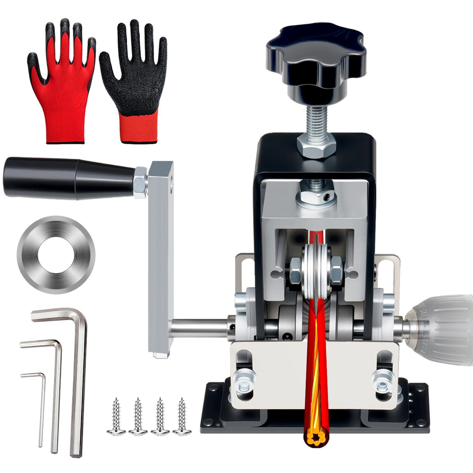 TreVark manual wire stripper machine shown in a compact workshop setting
