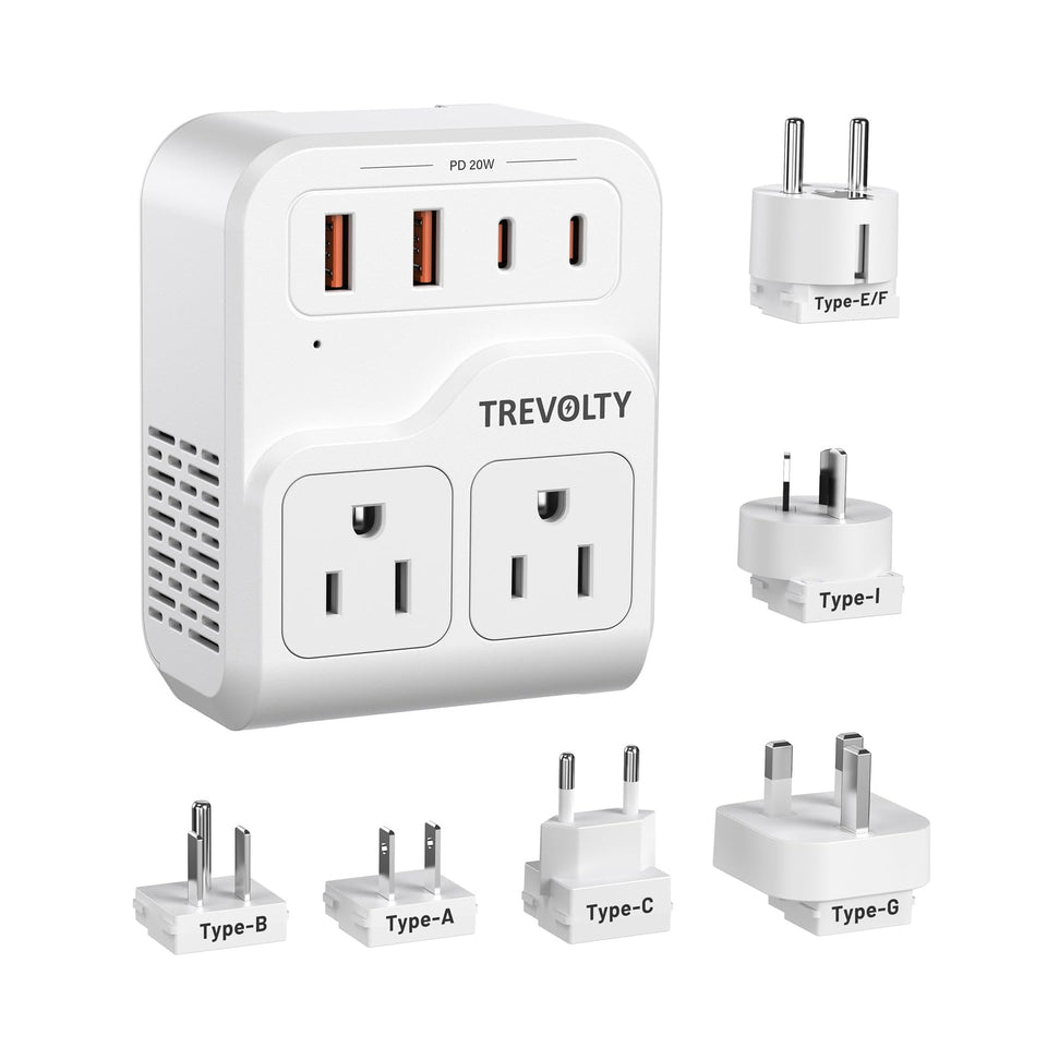 Trevolty travel plug adapter front view with three outlets and USB ports for global charging.