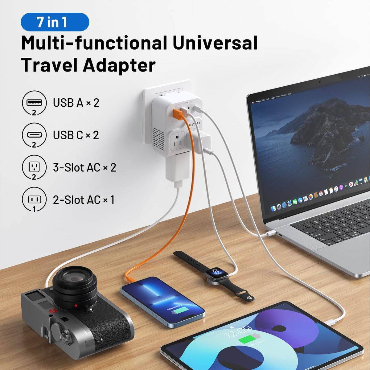 Trevolty three AC outlets power multiple devices during hotel stays.