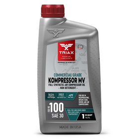 TRIAX Kompressor MV ISO 100 bottle front view, premium synthetic lubricant for heavy-duty air compressors.