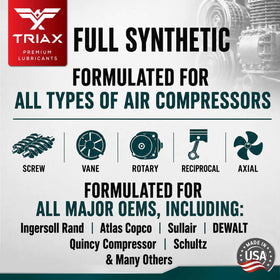 TRIAX Kompressor MV ISO 100 compatibility chart for major compressor types.