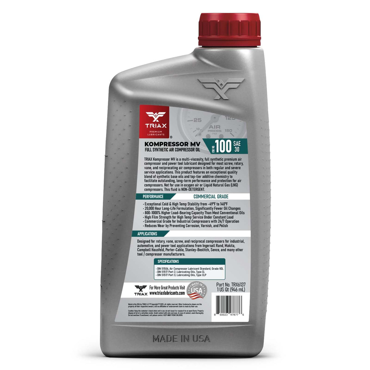 TRIAX Kompressor MV ISO 100 label close-up highlighting high-temp performance.