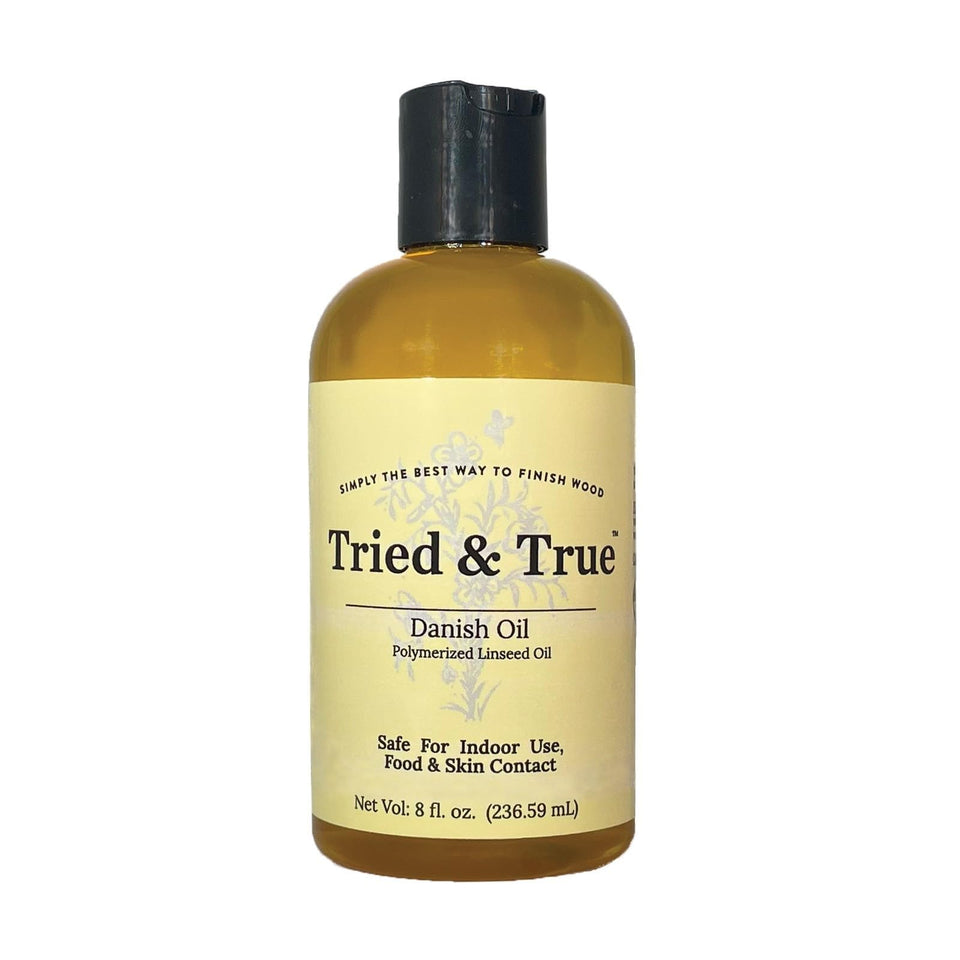 Tried & True Danish Oil 8 oz bottle shows fast-penetrating wood protection