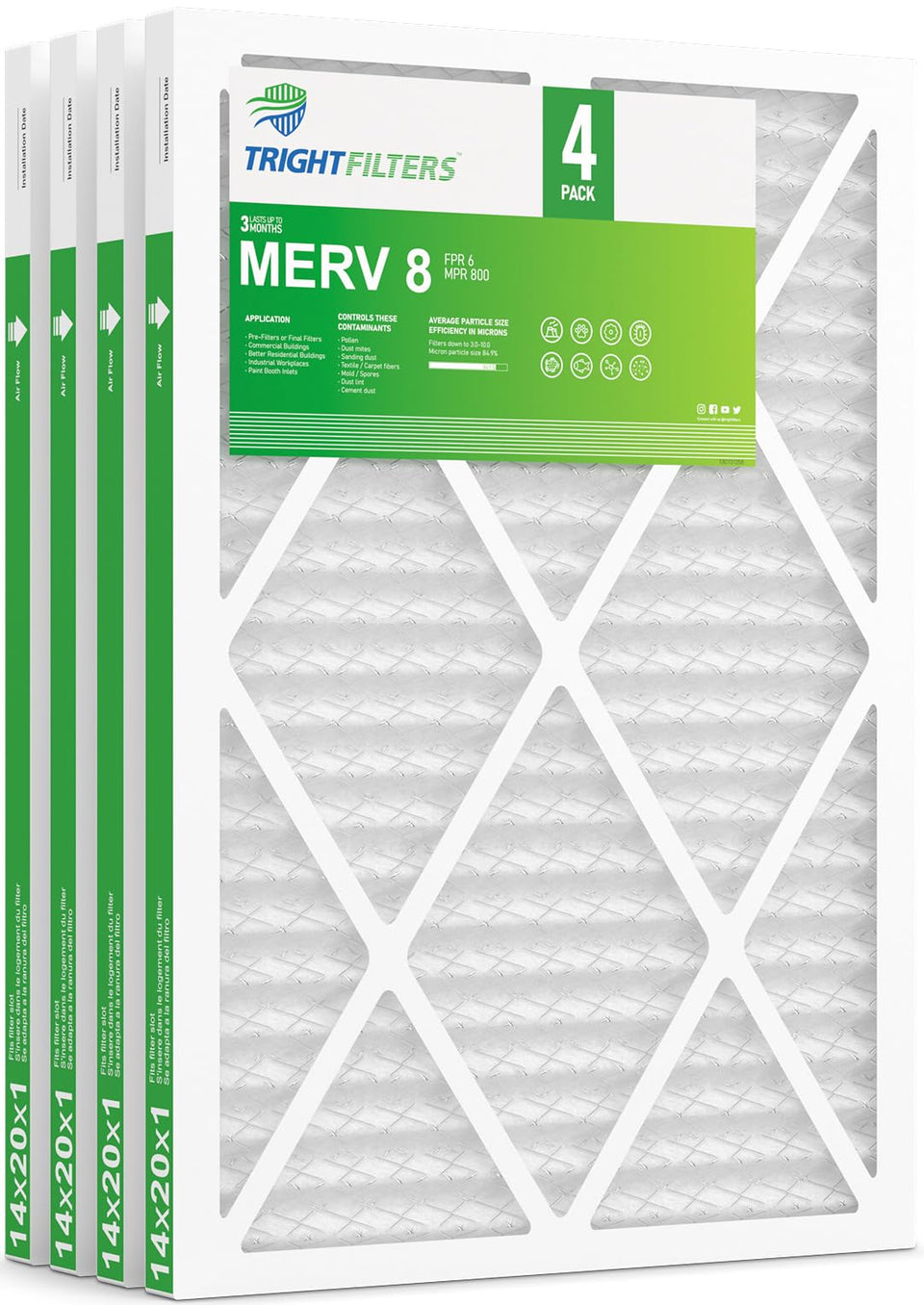TRIGHTFILTERS 14x20x1 air filter front view with durable pleats for efficient filtration