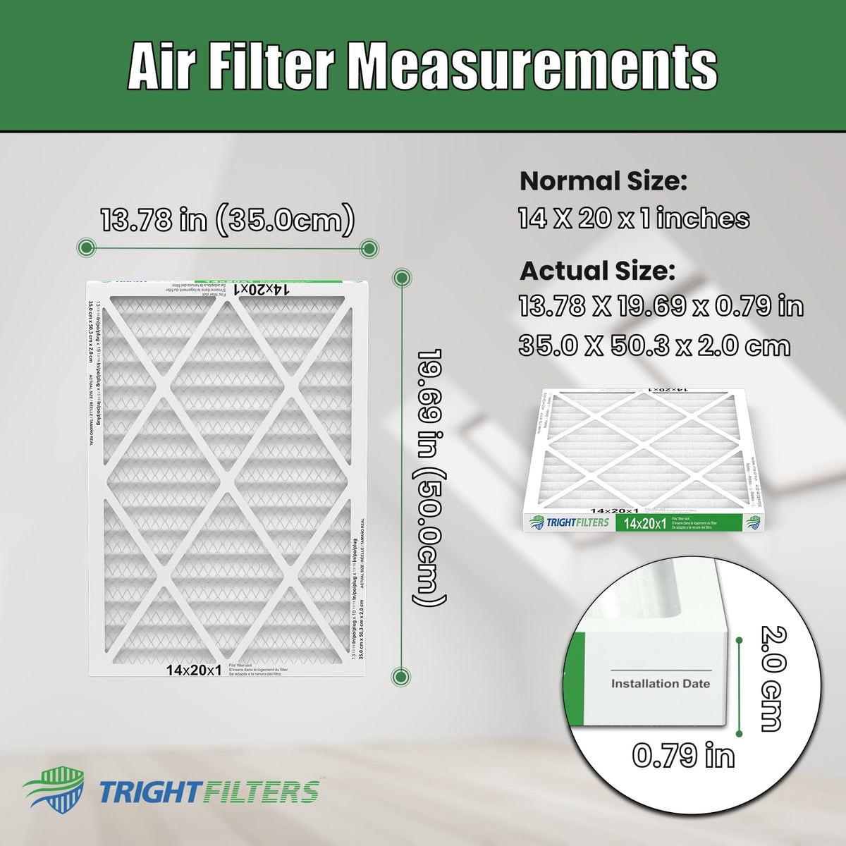 TRIGHTFILTERS 14x20x1 air filter pleats close-up, more surface area for airflow