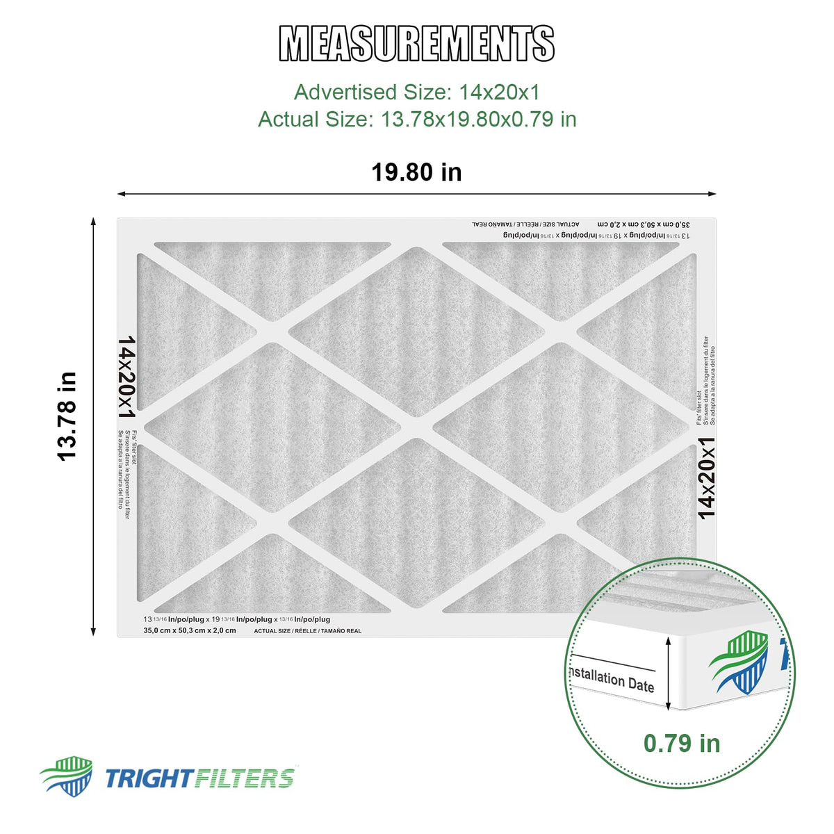 TRIGHTFILTERS 14x20x1 air filter side view highlighting sturdy cardboard frame