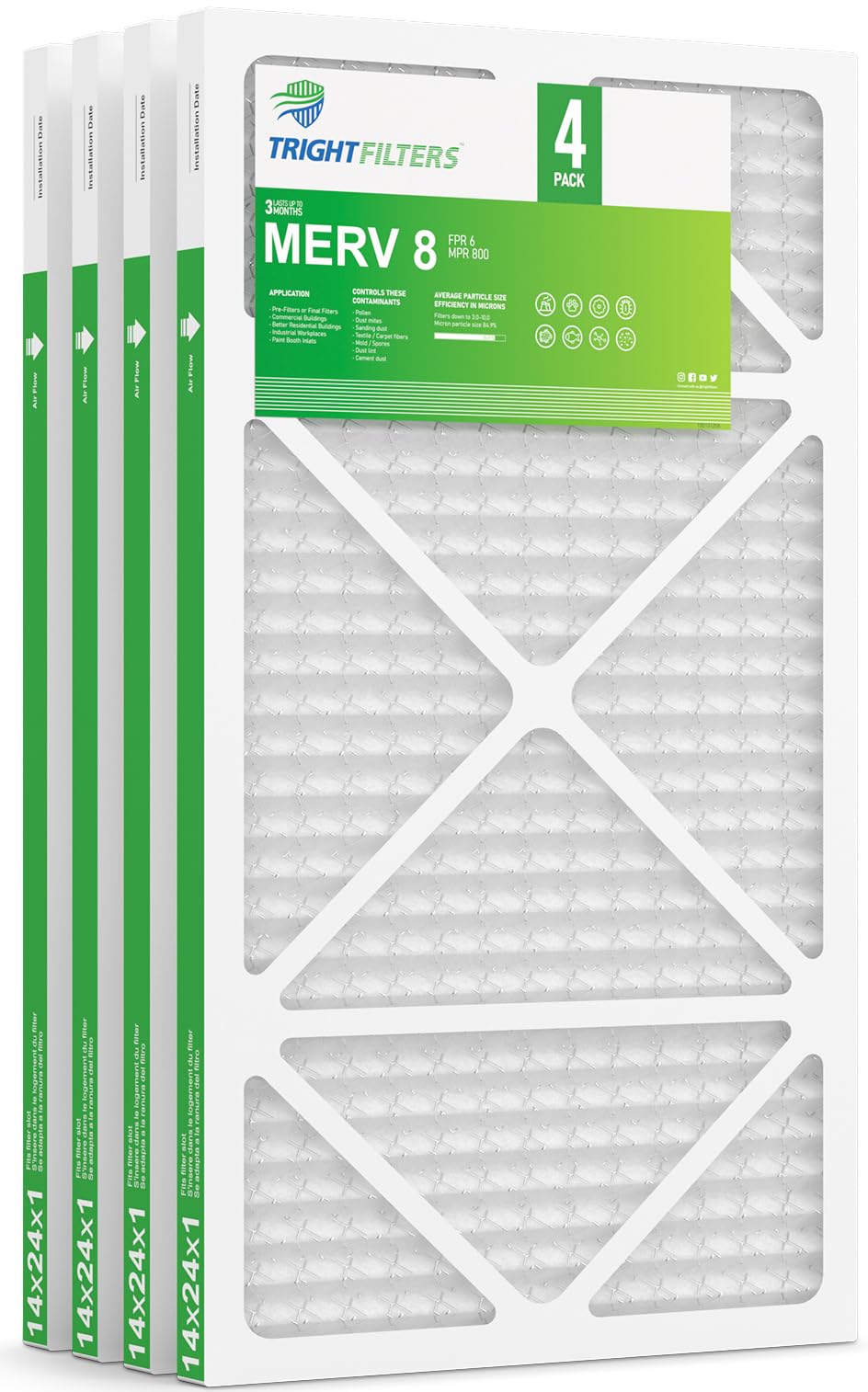 TRIGHTFILTERS 14x24x1 four-pack front view shows durable frame for quiet filtration