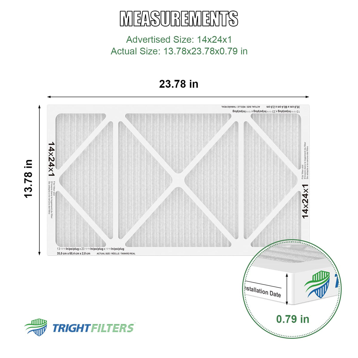 TRIGHTFILTERS 14x24x1 four-pack side view highlights pleated design for airflow
