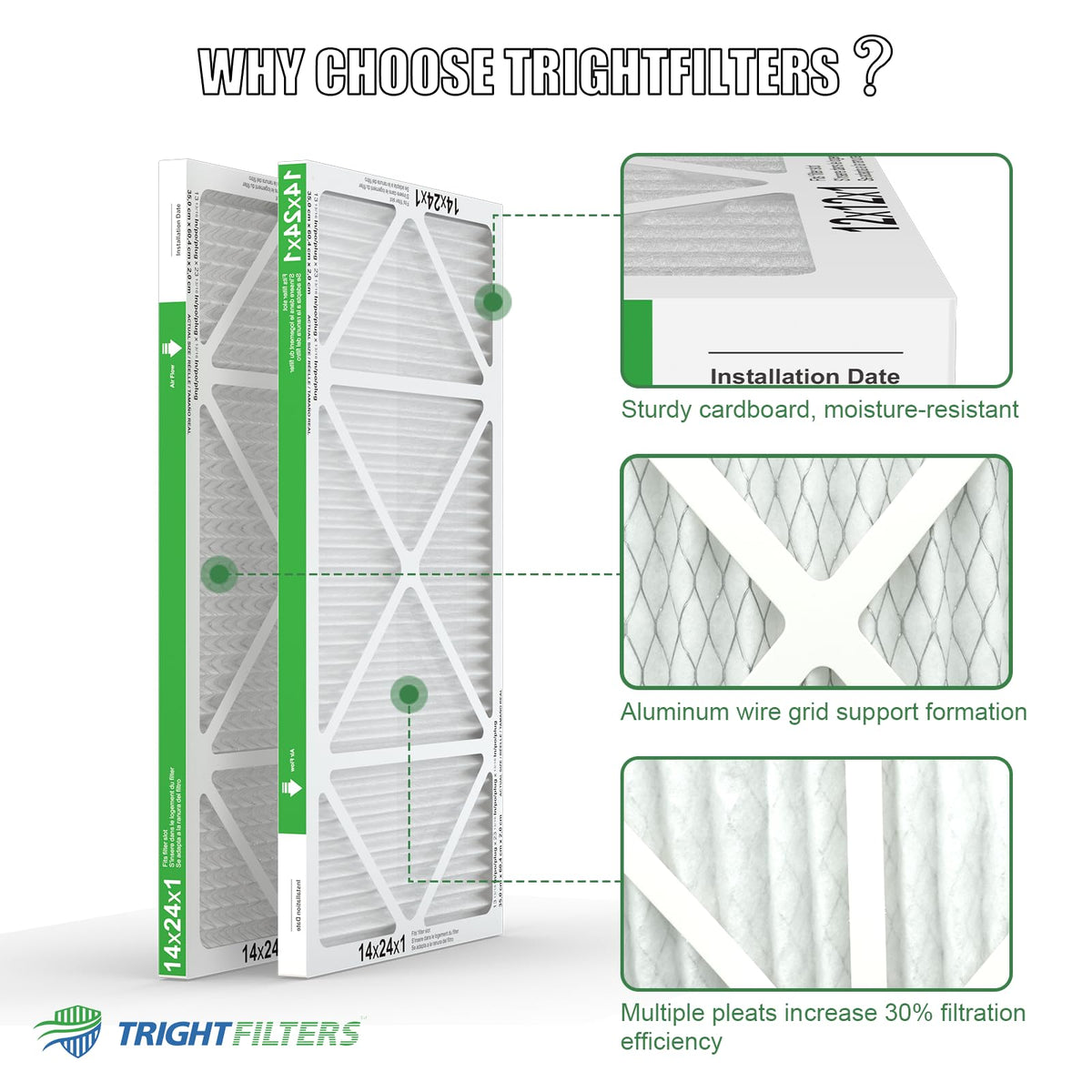 TRIGHTFILTERS 14x24x1 pleated design close-up demonstrates high surface area