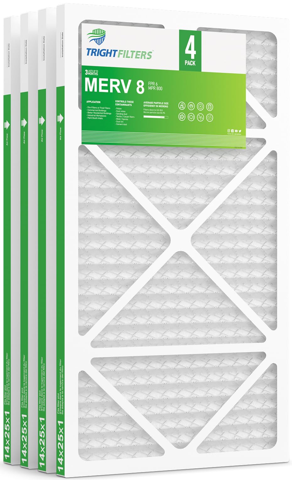 TRIGHTFILTERS 14x25x1 front view filter pack improves airflow efficiency.