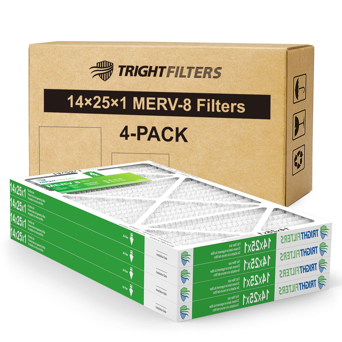 TRIGHTFILTERS 14x25x1 air filter pack front view shows durable construction for steady filtration