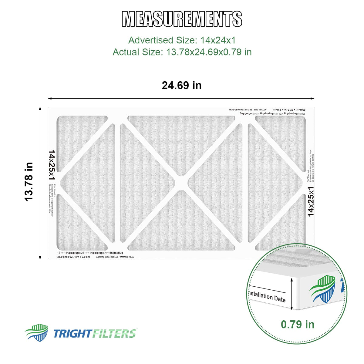 TRIGHTFILTERS 14x25x1 side view filter pack for quick, easy maintenance.