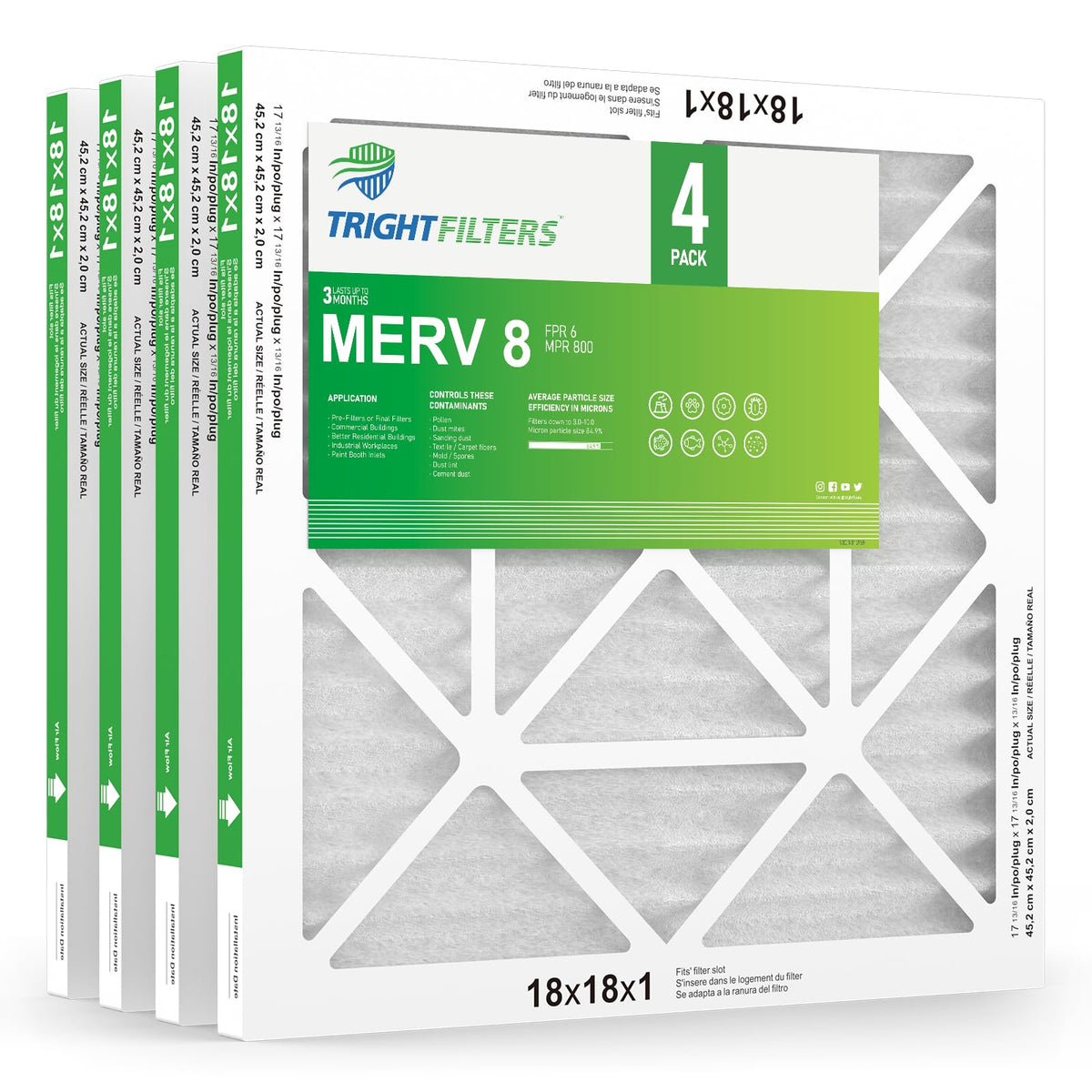 TRIGHTFILTERS 18x18x1 air filter pack front view for steady airflow