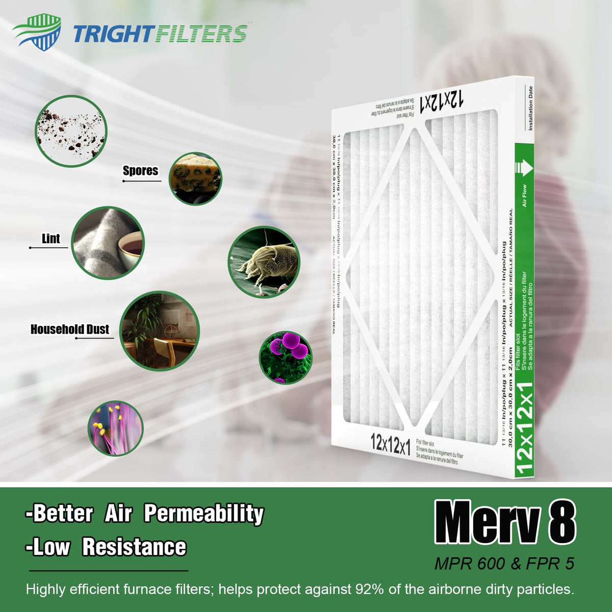 TRIGHTFILTERS dust-particle-capture close-up shows effective filtration in action.