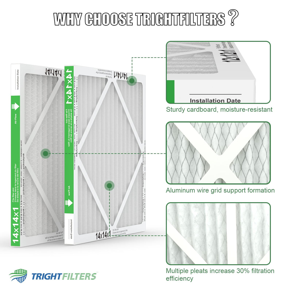 TRIGHTFILTERS 14x14x1 filter captures particles with cleaner air in mind.