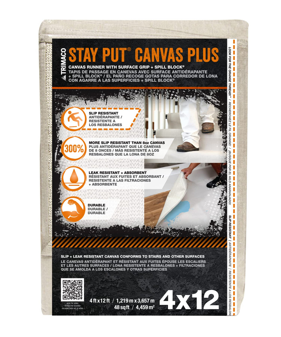 Trimaco Stay Put Canvas Plus drop cloth top view with slip-resistant surface for painting projects