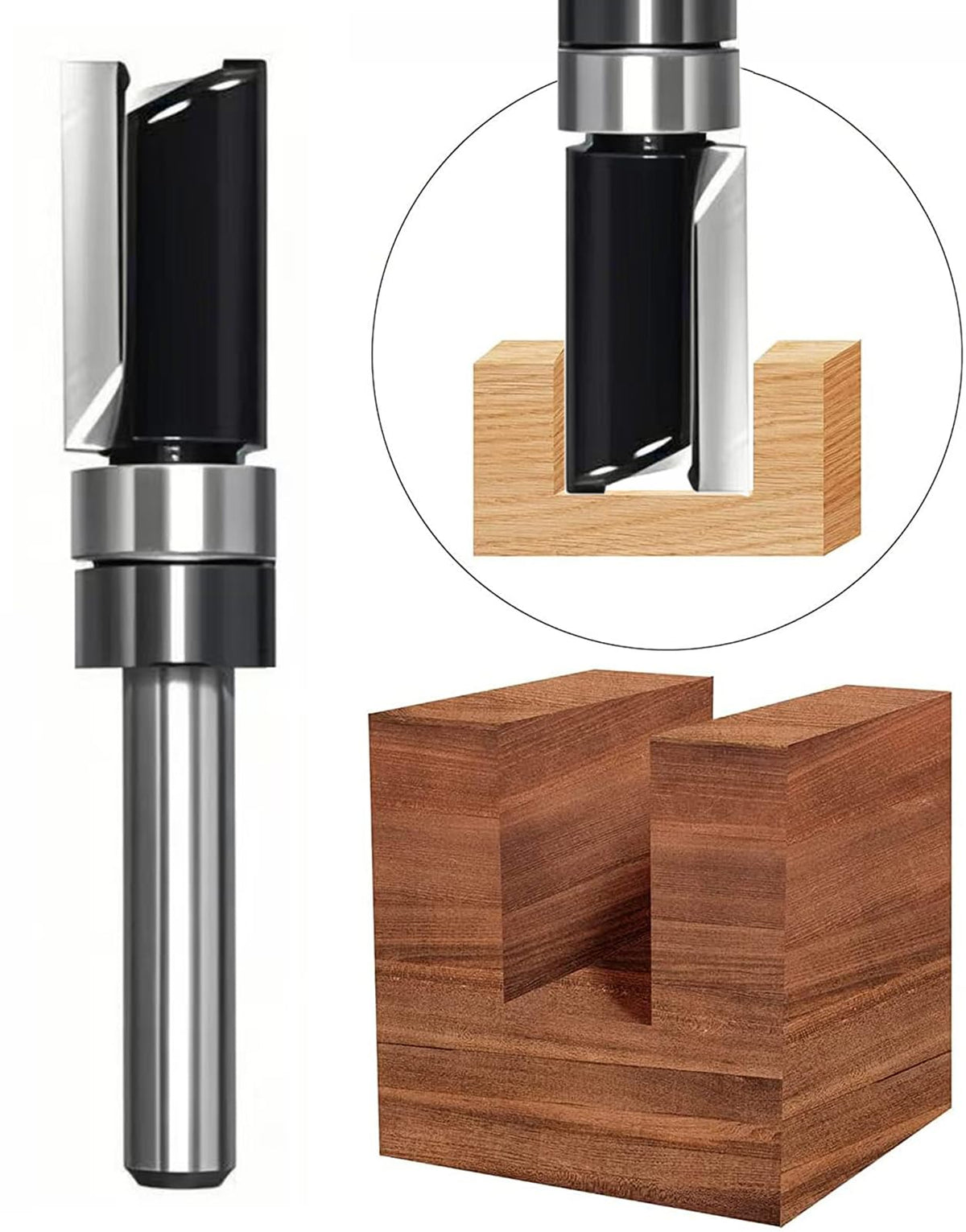 TRIMTWOL flush trim bit cuts wood and composites with minimal tear-out.