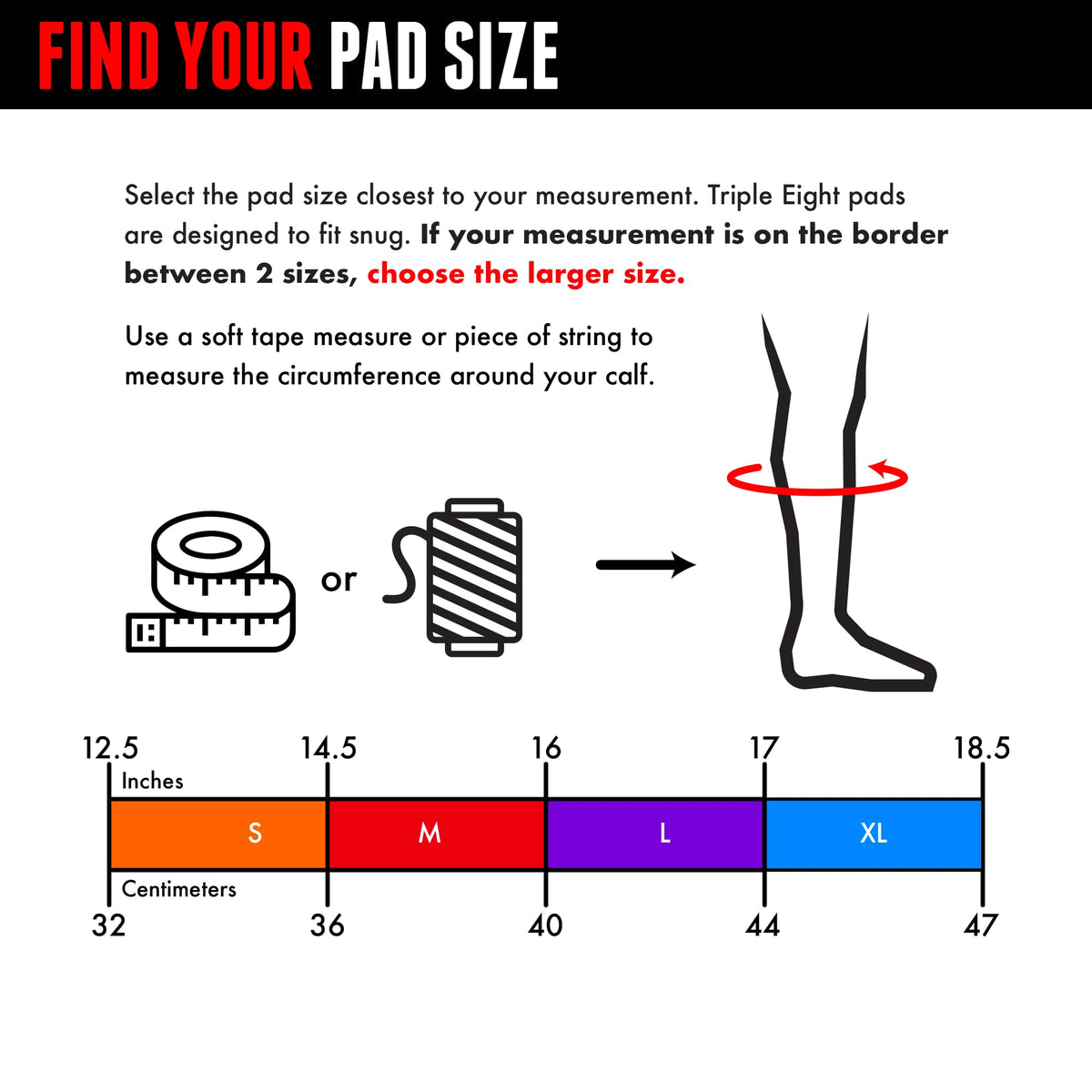 Size range for Triple Eight Covert knee pads showing available fits